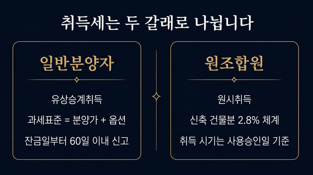 일반분양자는 유상승계취득으로 분양가와 옵션이 과세표준이며 잔금일부터 60일 이내 신고, 원소유자은 원시취득으로 신축 건물분 2.8% 체계이며 사용승인일 기준